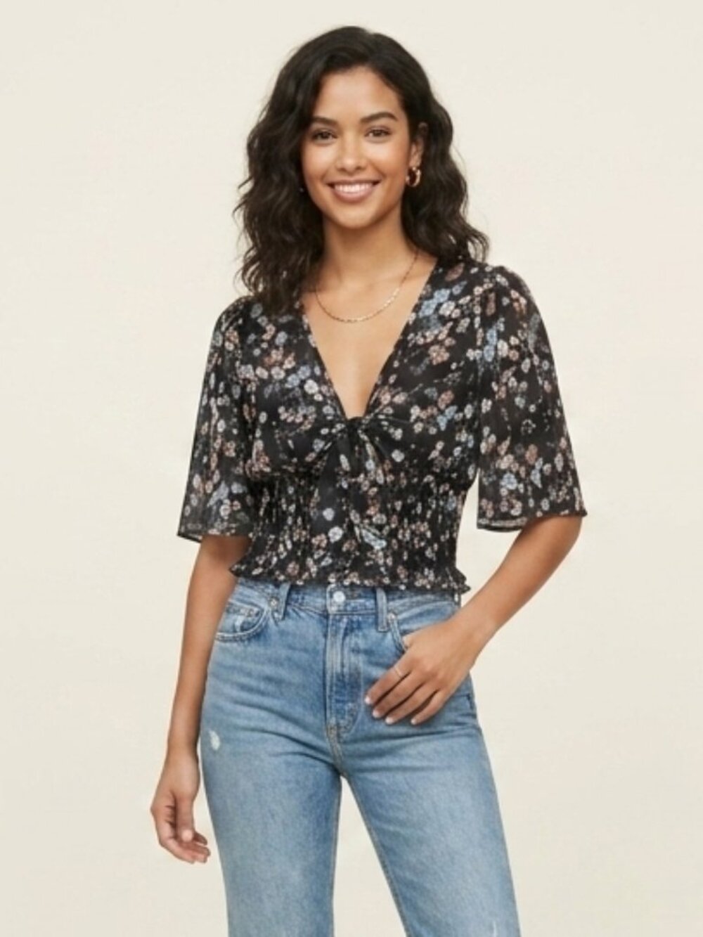 Timing Boho Floral Smocked Crop Top Black Gold Metallic Lurex V-Neck Medium